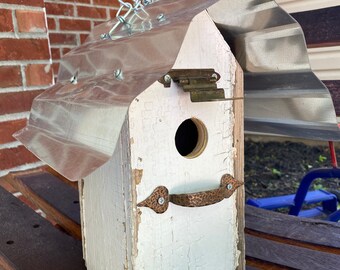 Handmade birdhouse from reclaimed barn wood and corrugated panels, antique accents!