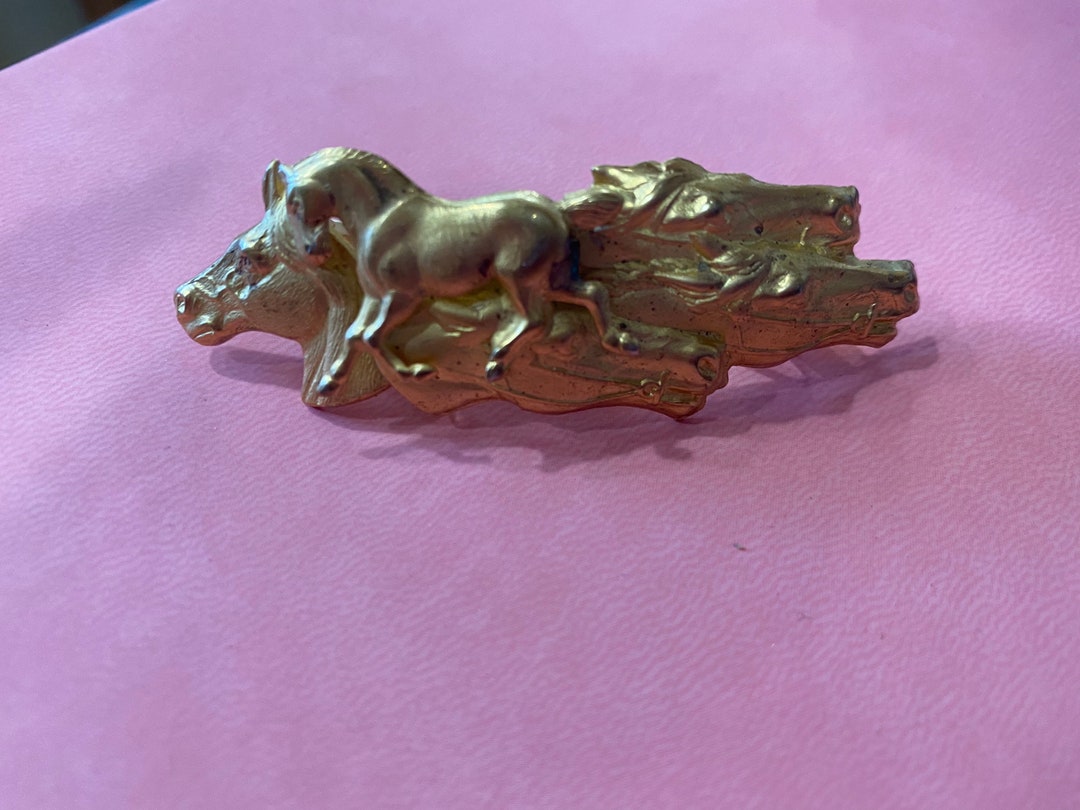 Vintage brass barrette, 4 inches long featuring four horses Horse Jewelry Four Horses Barrette NEW Antique Brass Finish  main image 2