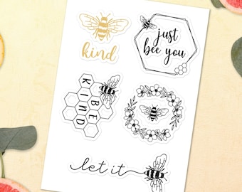 Bee Quote Sticker Sheet -  Cute Bee Sticker Pack - Beekeeper Stickers - Beekeeping Sticker Set -  Bee Kind - Let it Bee, Vinyl Stickersheet