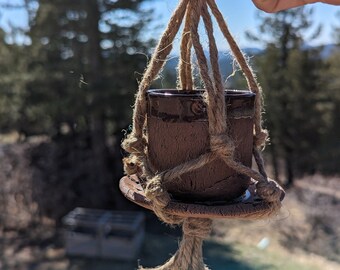 Rustic Pottery Tea Cup Bird Feeder, Handmade Teacup Birdfeeder, Upcycled Garden Art, Brown Clay Pottery Teacup Set, Macrame Plant Hanger