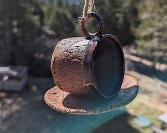 Rustic Pottery Tea Cup Bird Feeder, Handmade Teacup Birdfeeder, Upcycled Garden Art, Brown Clay Pottery Teacup Set, Handmade Tea Cup Saucer