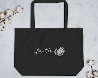 Faith Flower Bible Study Bag - Large Organic Cotton Tote Bag - Durable Christian Shoulder Bag - Christian Inspirational Canvas Messenger Bag