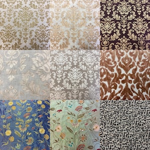 May include: A collection of fabric swatches featuring various patterns and colors. The top row includes gold damask on white, gold damask on beige, and gold damask on a dark brown background. The middle row shows light blue, beige, and brown patterns. The bottom row displays floral and geometric designs.
