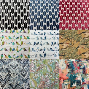 May include: A collage of nine fabric swatches featuring diverse patterns including geometric shapes in black, blue, and red, rows of colorful birds on wires, a forest scene with birds, blue ikat motifs, botanical illustrations, and abstract paint textures.