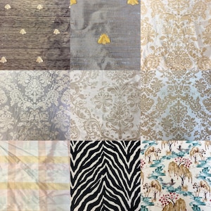 May include: A collage of nine fabric swatches featuring diverse patterns including gold bee motifs on dark wood and grey textures, intricate gold damask prints on white, a soft plaid, a bold black and white zebra stripe, and a landscape print.