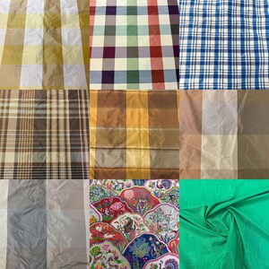 Op de afbeelding: Een collage van negen stofstalen met diverse patronen, waaronder geel-witte vichyruit, een meerkleurige ruit, blauw-wit geblokt, bruine ruit, gouden ruit, effen beige, grijze ruit, een bloemrijk dierenmotief en effen groen.
