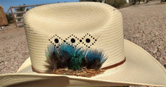 Hand Woven Straw Cowboy Hat  Green Leather Band Featuring Feathers Classic Dark Green Woven Straw Cowboy Hat w/ Decorative  main image 3