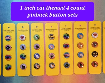 Set of 4 cat 1 inch pinback buttons featuring cat art by Tinker and Bone Studio