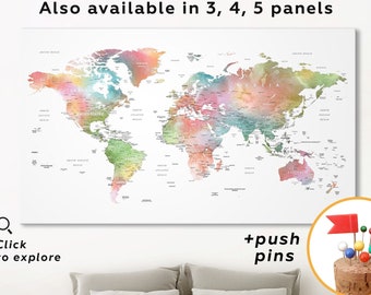 World Map Canvas Watercolor World Map Push pin map of the world Detailed Canvas world map Wall Art Push pin map 1 2 3 4 5 panel world map