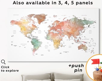 Custom world map canvas | Custom quote map Framed push pin world map | Travel map with pins | Personalized world map | Watercolor map print