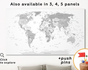 Large Gray World Map Canvas Push Pin World Map Wall Art Travel Map Print Canvas Personalized World Map 3 or 5 Piece Panels Canvas Home Decor