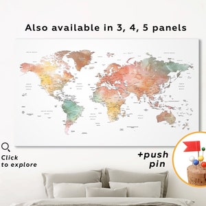 Watercolor world map wall art Push pin World Map Push Pin Frame World map Canvas world map push pin travel map print Custom World Map decor image 1