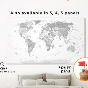 Large Gray World Map Canvas Push Pin World Map Wall Art Travel Map Print Canvas Personalized World Map 3 or 5 Piece Panels Canvas Home Decor image 1