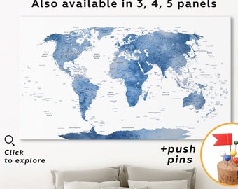 Large blue push pin world map wall art Blue world map canvas, Travel map with pins 3 pieces wall art Custom world map 4 5 panel canvas print