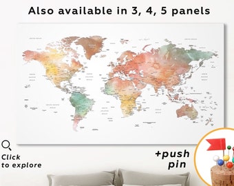 Watercolor world map wall art Push pin World Map Framed World Map Push pin Canvas World Map