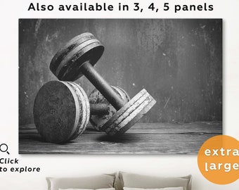 Large black and white dumbbells photography wall print art home decor, gym decor dumbbells wall art canvas print set motivational poster set