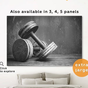 Large black and white dumbbells photography wall print art home decor, gym decor dumbbells wall art canvas print set motivational poster set image 1