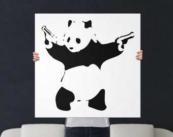 Panda with guns Banksy print Shooting panda canvas print Graffiti wall art Banksy decor Street art Black and white street wall art canvas