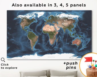World physical geography map Push pin world map canvas Terrain Modeling map wall art Travel map with pins World topographical map print
