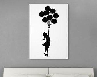 Girl with Balloons Banksy wall art Graffiti canvas art Banksy Balloon girl Floating balloons girl, Banksy canvas girl silhouette art