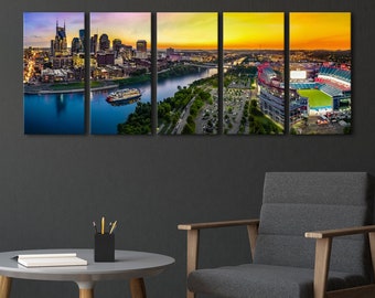 5 panel Nashville skyline wall art, Nashville cityscape canvas set, Nashville Tennessee skyline art print Large office and home wall decor