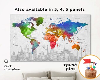 Travel map gift 5 panel world map landmarks Watercolor world map multi panel Push pin travel map Custom travel map print world map wall art