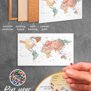 Watercolor world map wall art Push pin World Map Push Pin Frame World map Canvas world map push pin travel map print Custom World Map decor image 2