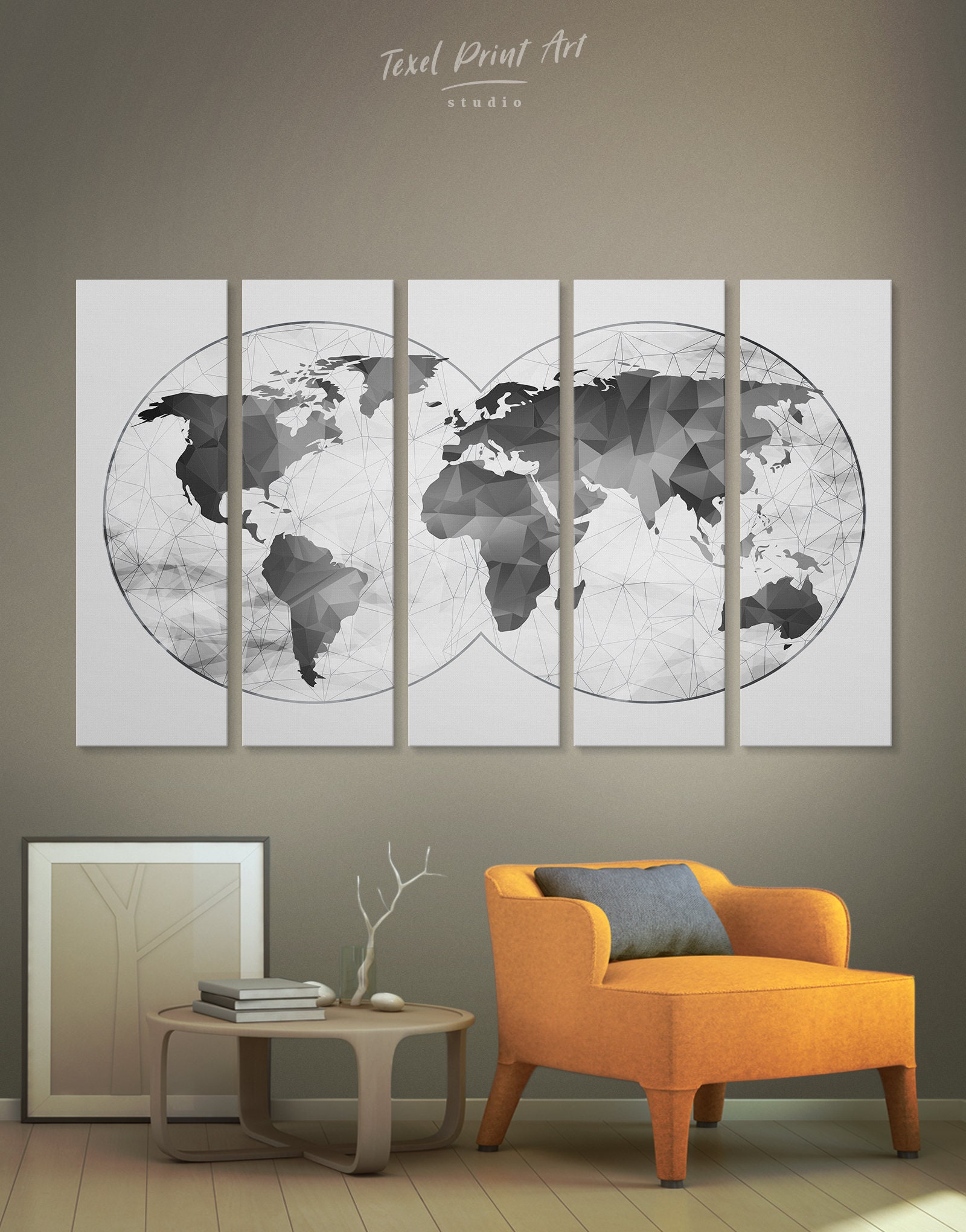 Grey world map wall art Geometric world map canvas print 3 | Etsy