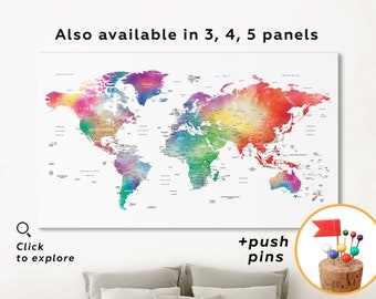 Watercolor push pin world map wall art | Custom travel map with pins | Family travel map print | Colorful world map decor| Canvas set of 5