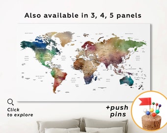 World Map wall art Travel map Brown and green watercolor world map, 4 panel canvas Pushpin world map set of 3 prints 5 piece panel art