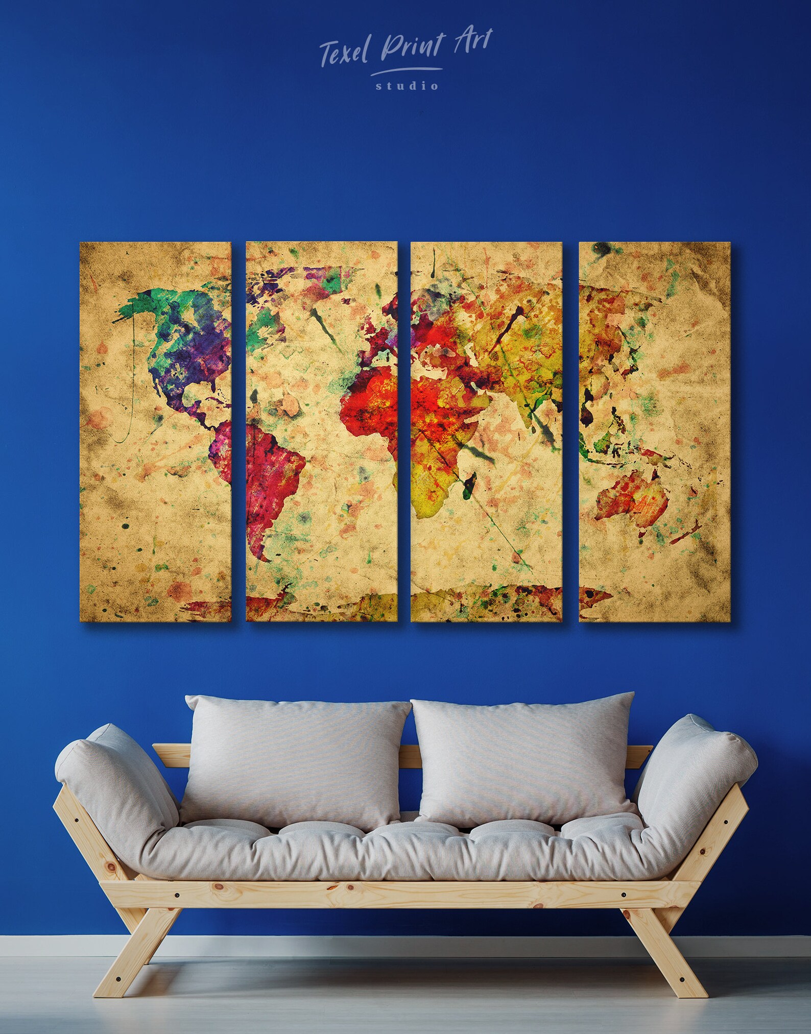 Rustic World Map Canvas Rainbow Map Artwork Rustic Wall Map Etsy