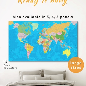 Political map of the world Large world map canvas, Detailed world map wall art push pin travel map with borders, Blue world map print image 1