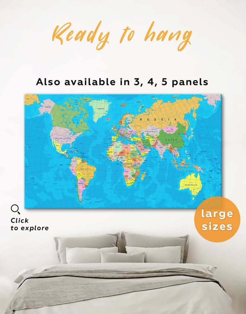 Political map of the world Large world map canvas, Detailed world map wall art push pin travel map with borders, Blue world map print image 1