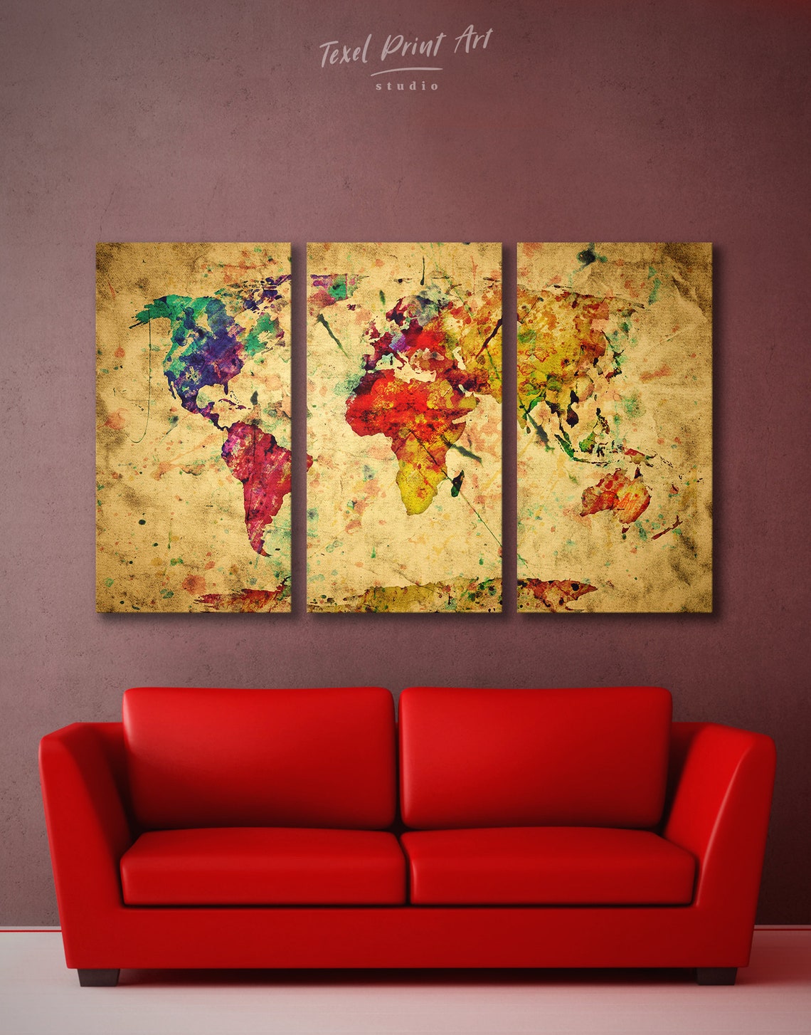 Rustic World Map Canvas Rainbow Map Artwork Rustic Wall Map Etsy
