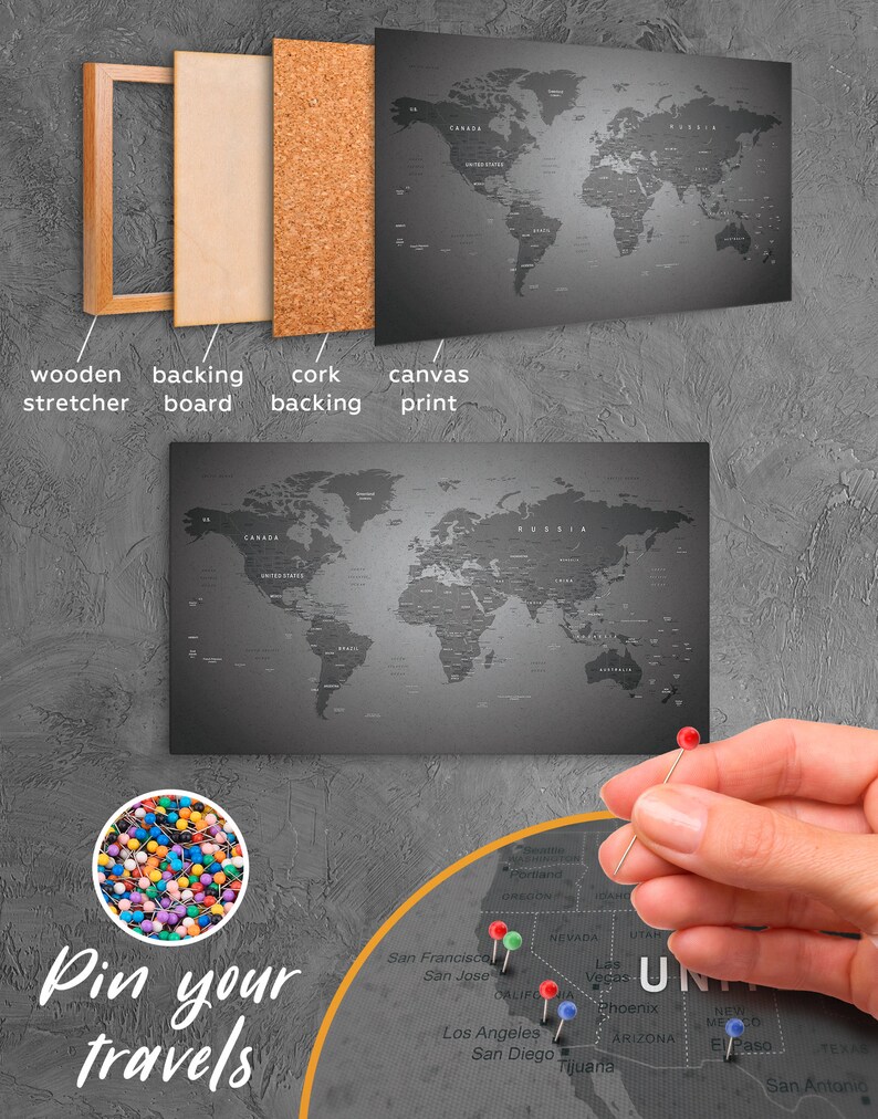 Grey World Map Canvas Gray World Map Wall Art Large Travel Etsy