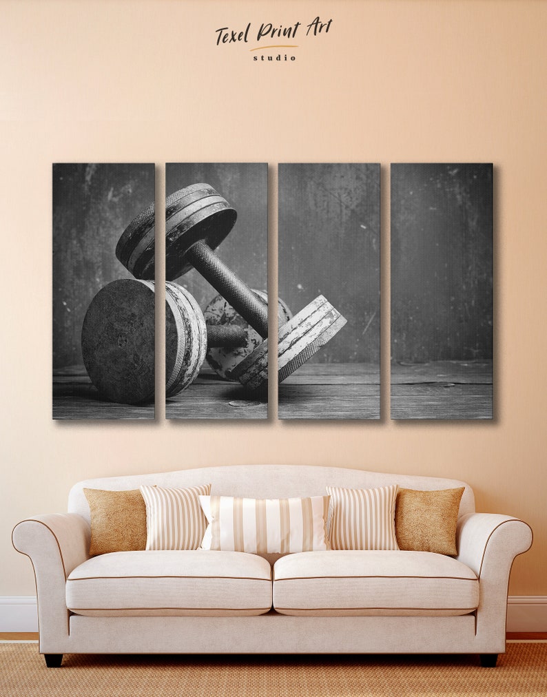 Large black and white dumbbells photography wall print art home decor, gym decor dumbbells wall art canvas print set motivational poster set image 4