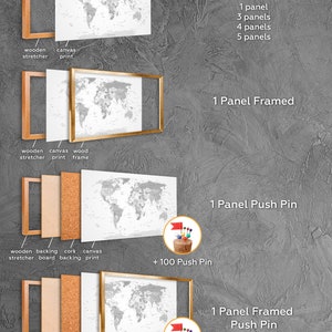 Large Gray World Map Canvas Push Pin World Map Wall Art Travel Map Print Canvas Personalized World Map 3 or 5 Piece Panels Canvas Home Decor image 8