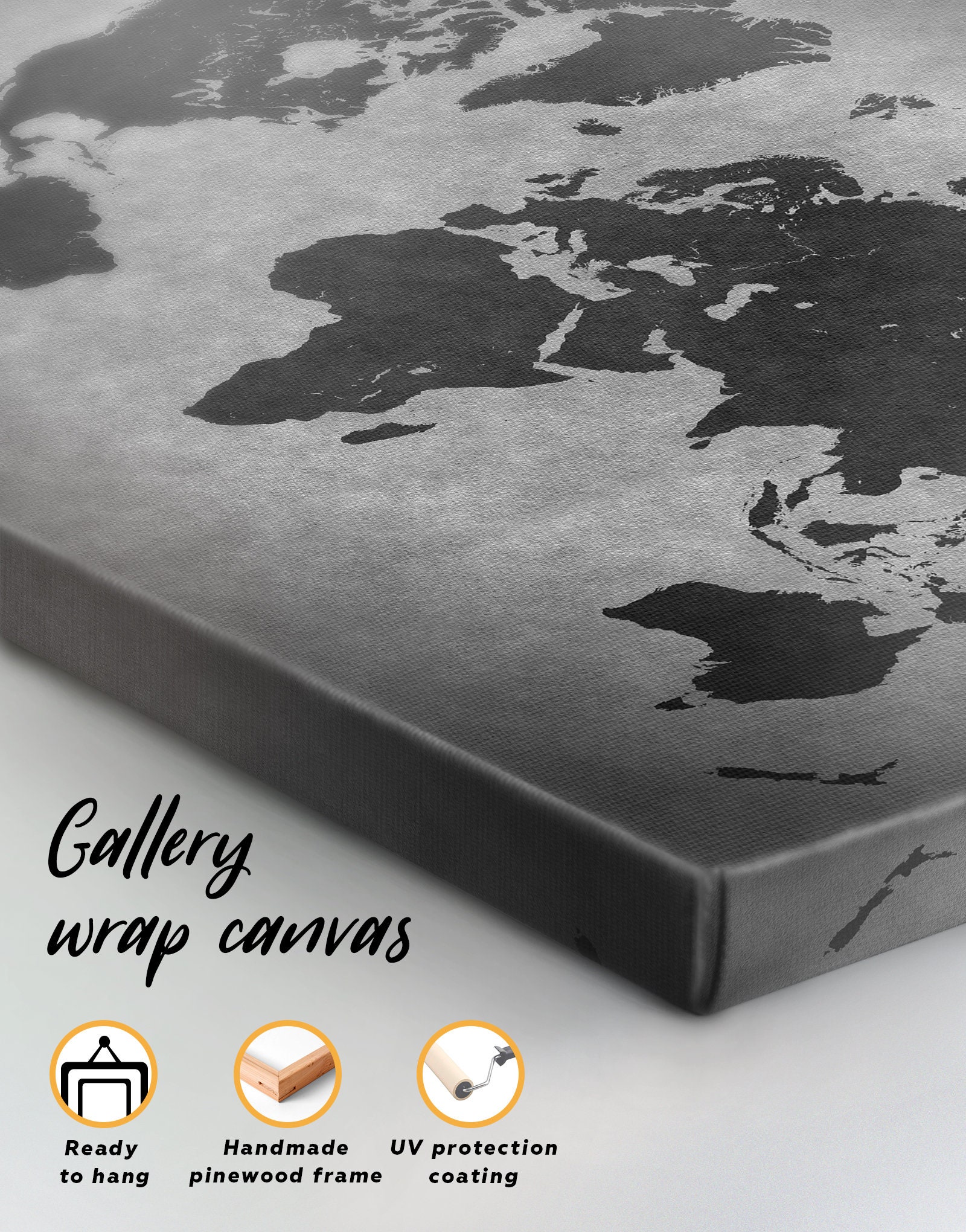 Dark Gray World Map Wall Art Black and Gray Map Print 3 Panel Etsy