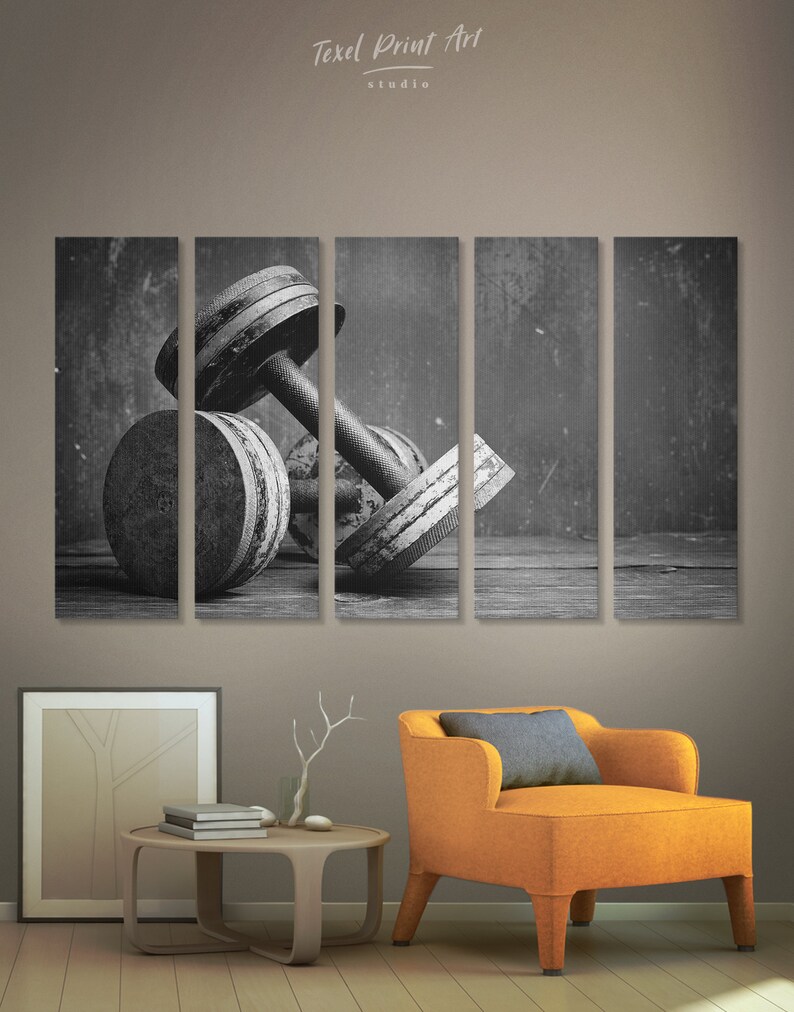 Large black and white dumbbells photography wall print art home decor, gym decor dumbbells wall art canvas print set motivational poster set image 5