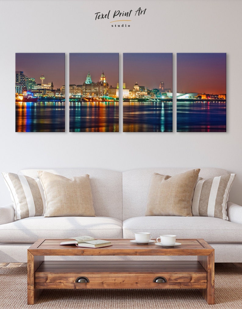 Large Liverpool skyline canvas Liverpool cityscape wall art Liverpool print Liverpool Set of 3 4 5 panels Bedroom and office wall decor image 1