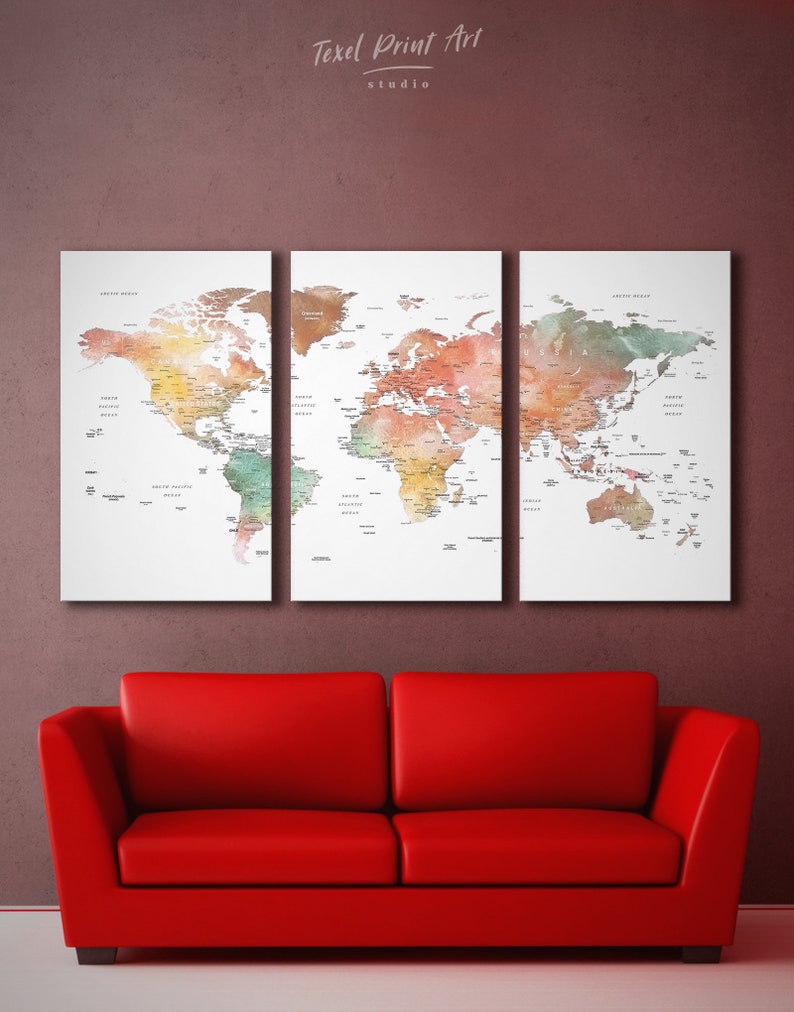 Watercolor world map wall art Push pin World Map Push Pin Frame World map Canvas world map push pin travel map print Custom World Map decor image 5