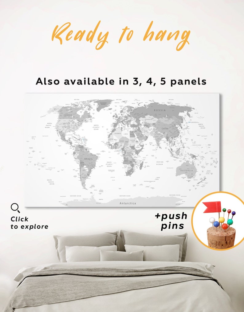 Large Gray World Map Canvas Push Pin World Map Wall Art Travel Map Print Canvas Personalized World Map 3 or 5 Piece Panels Canvas Home Decor image 1