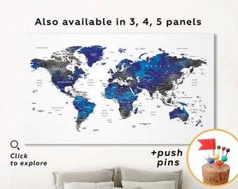 Blue and grey map push pin world map Navy and gray world map Blue gray watercolor world map Navy blue gray art World map canvas gray