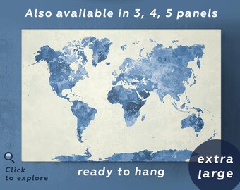 Blue Watercolor World Map Print Set Abstract World Map Print navy blue world map print on canvas World map blue watercolor map 3, 5 panels