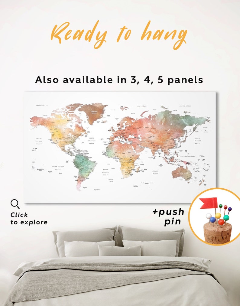 Watercolor world map wall art Push pin World Map Push Pin Frame World map Canvas world map push pin travel map print Custom World Map decor image 1