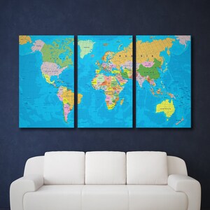 Political map of the world Large world map canvas, Detailed world map wall art push pin travel map with borders, Blue world map print image 2