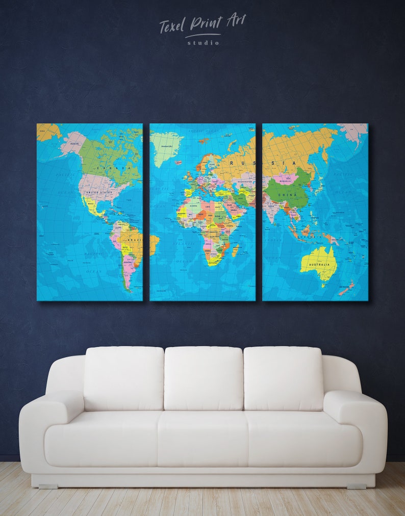 Political map of the world Large world map canvas, Detailed world map wall art push pin travel map with borders, Blue world map print image 2