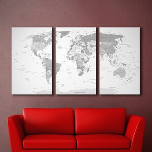 Large Gray World Map Canvas Push Pin World Map Wall Art Travel Map Print Canvas Personalized World Map 3 or 5 Piece Panels Canvas Home Decor image 2