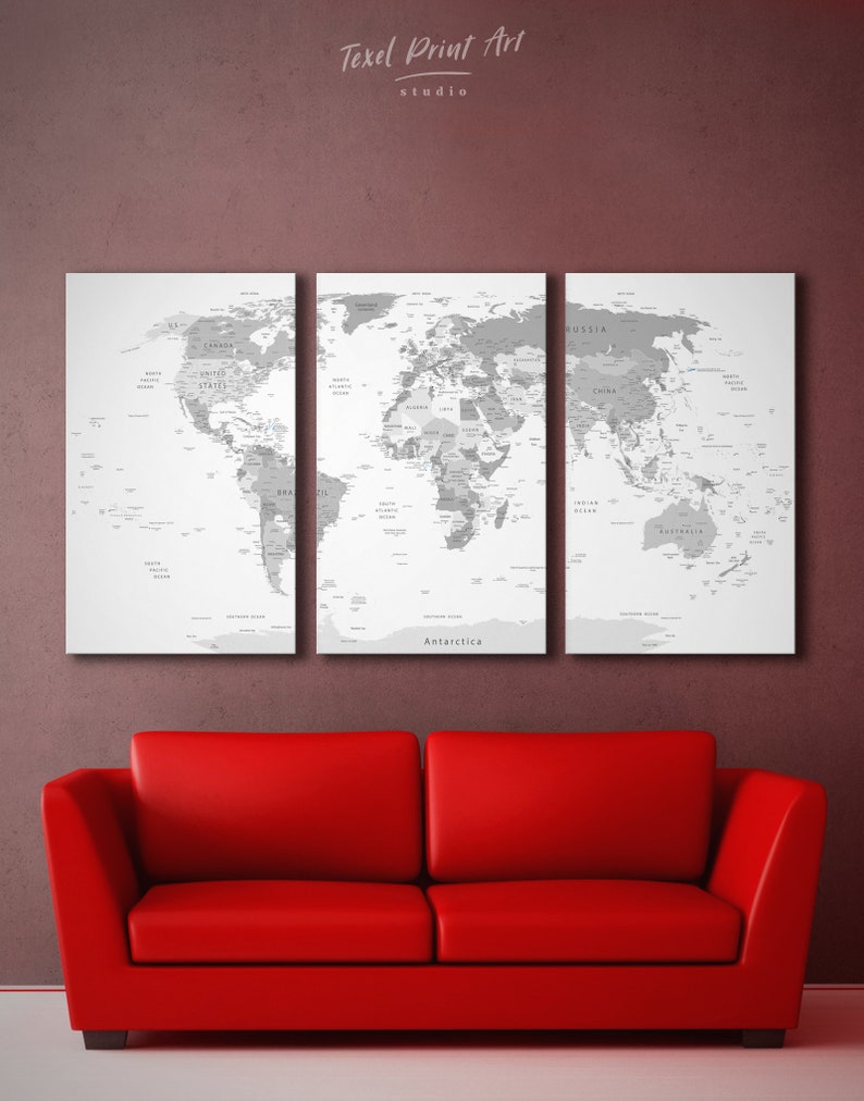 Large Gray World Map Canvas Push Pin World Map Wall Art Travel Map Print Canvas Personalized World Map 3 or 5 Piece Panels Canvas Home Decor image 2