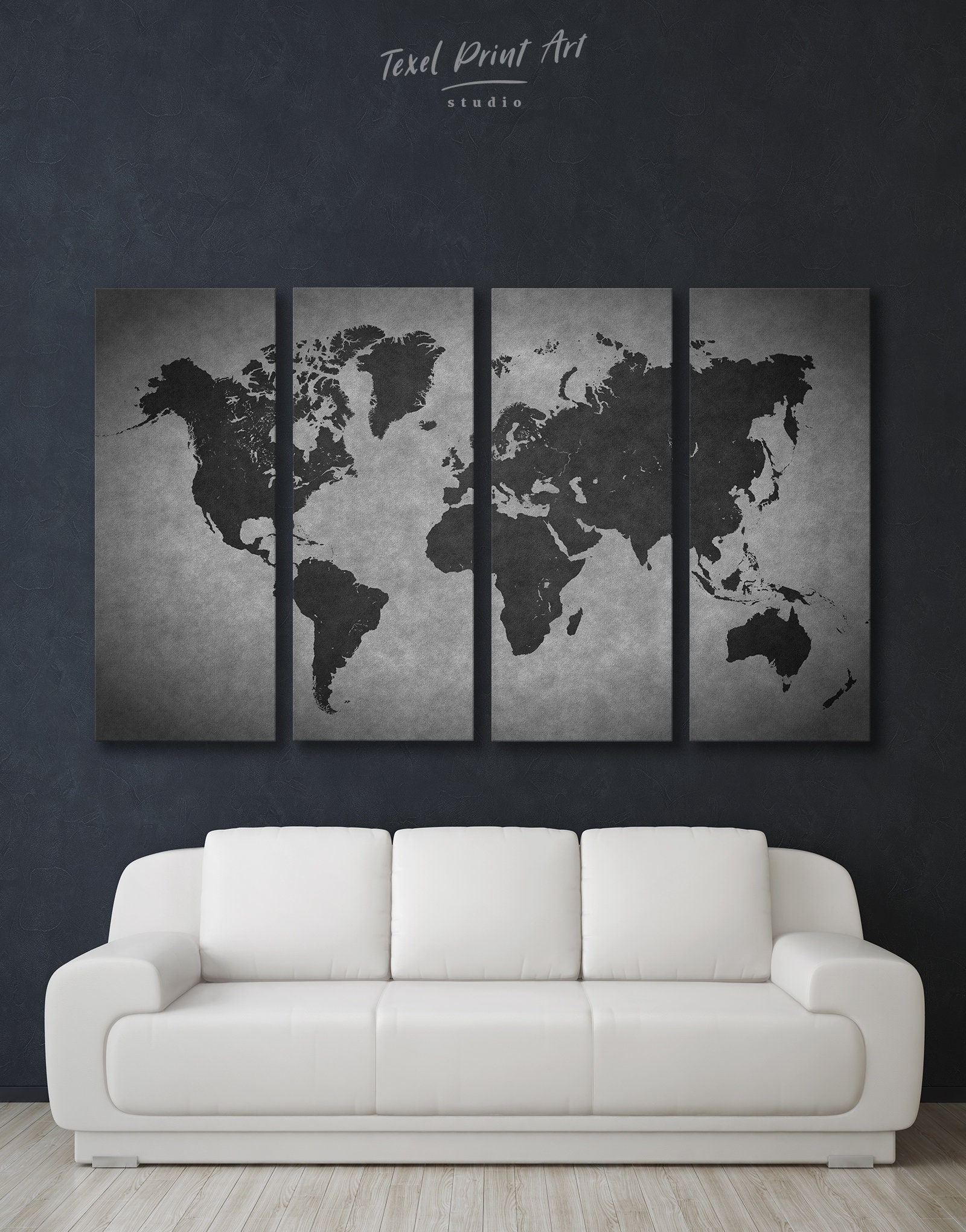 Dark Gray World Map Wall Art Black and Gray Map Print 3 Panel Etsy